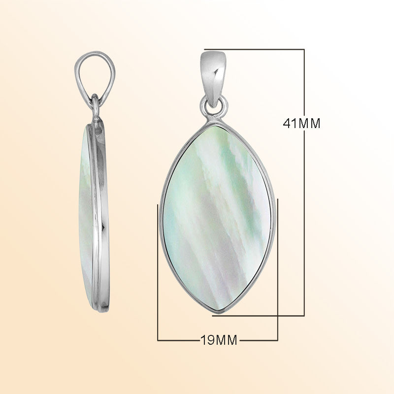 Handcrafted Balinese Sterling Silver Marquise Pendant featuring radiant Mother Of Pearl and sleek silver frame, ideal for women who love luminous, ocean-inspired jewelry.