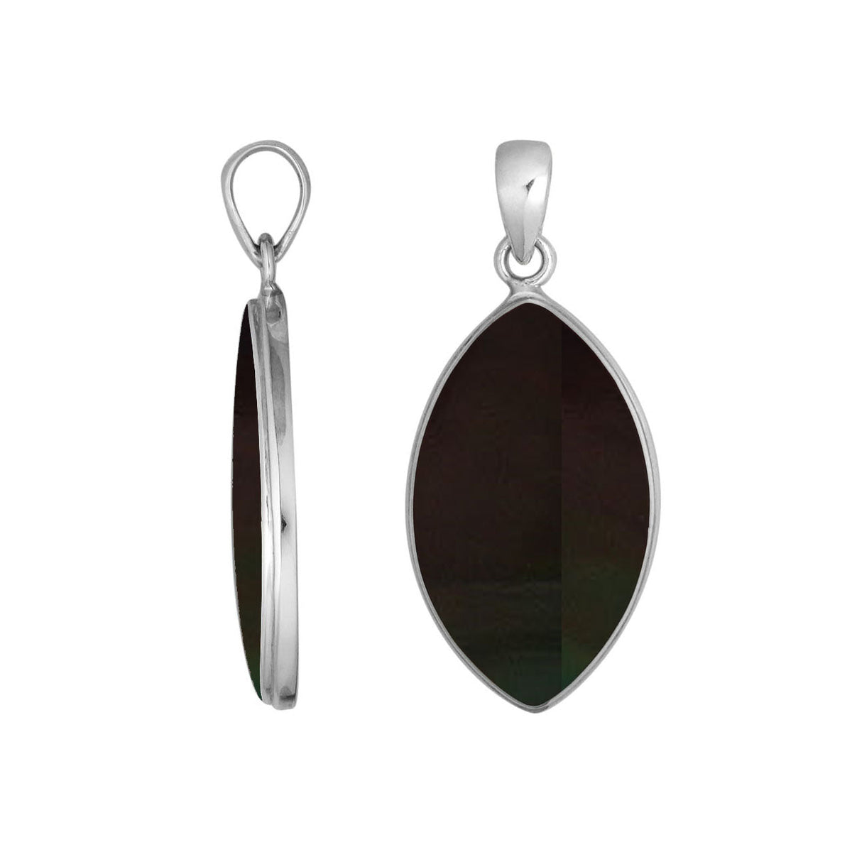 Handcrafted Balinese Sterling Silver Marquise Pendant featuring luminous Black Shell and sleek silver frame, ideal for women who prefer elegant minimalist jewelry.