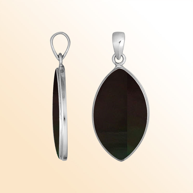 Handcrafted Balinese Sterling Silver Marquise Pendant featuring luminous Black Shell and sleek silver frame, ideal for women who prefer elegant minimalist jewelry.