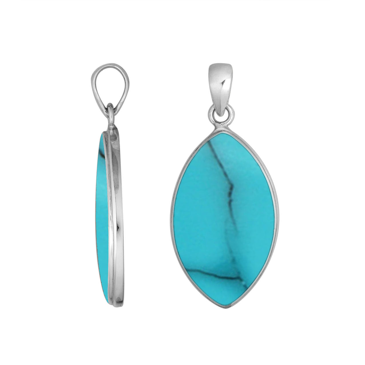 Handcrafted Balinese Sterling Silver Marquise Pendant featuring bright Turquoise Shell and smooth silver frame, perfect for women who love ocean-inspired artisan jewelry.