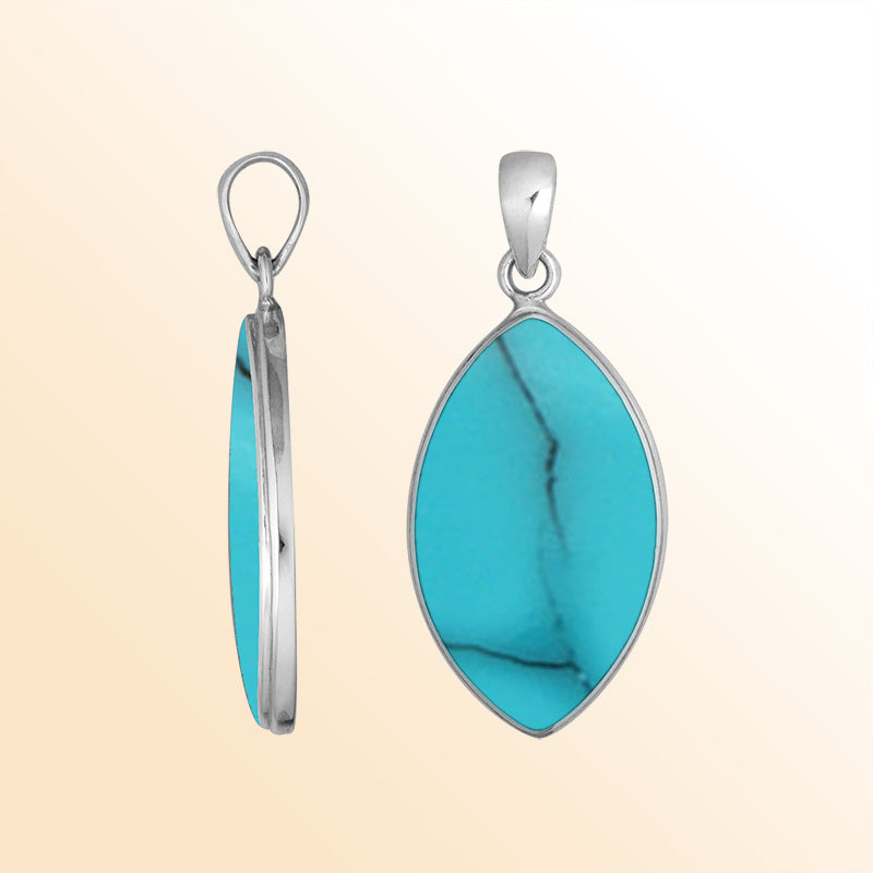 Handcrafted Balinese Sterling Silver Marquise Pendant featuring bright Turquoise Shell and smooth silver frame, perfect for women who love ocean-inspired artisan jewelry.