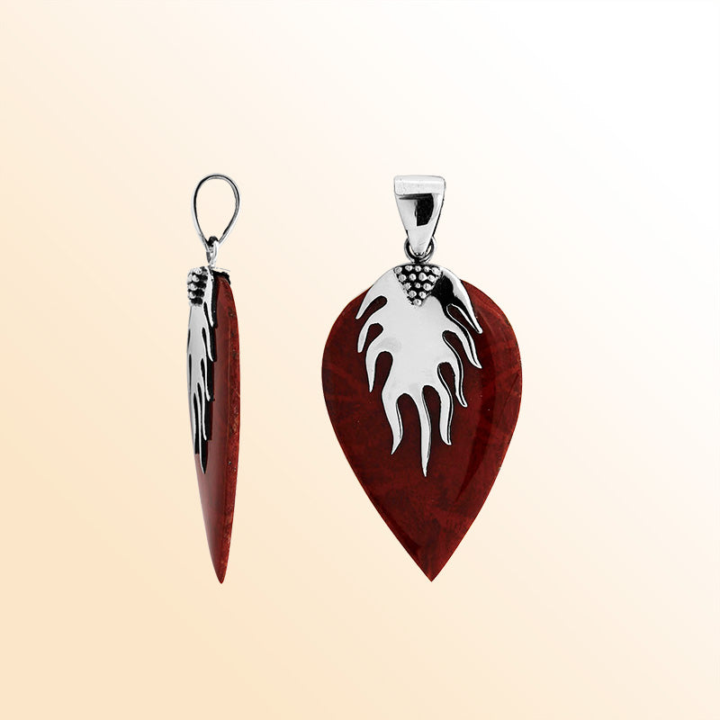 Handcrafted Sterling Silver Red Coral Leaf Flame Artistic Heritage Elegance Pendant.