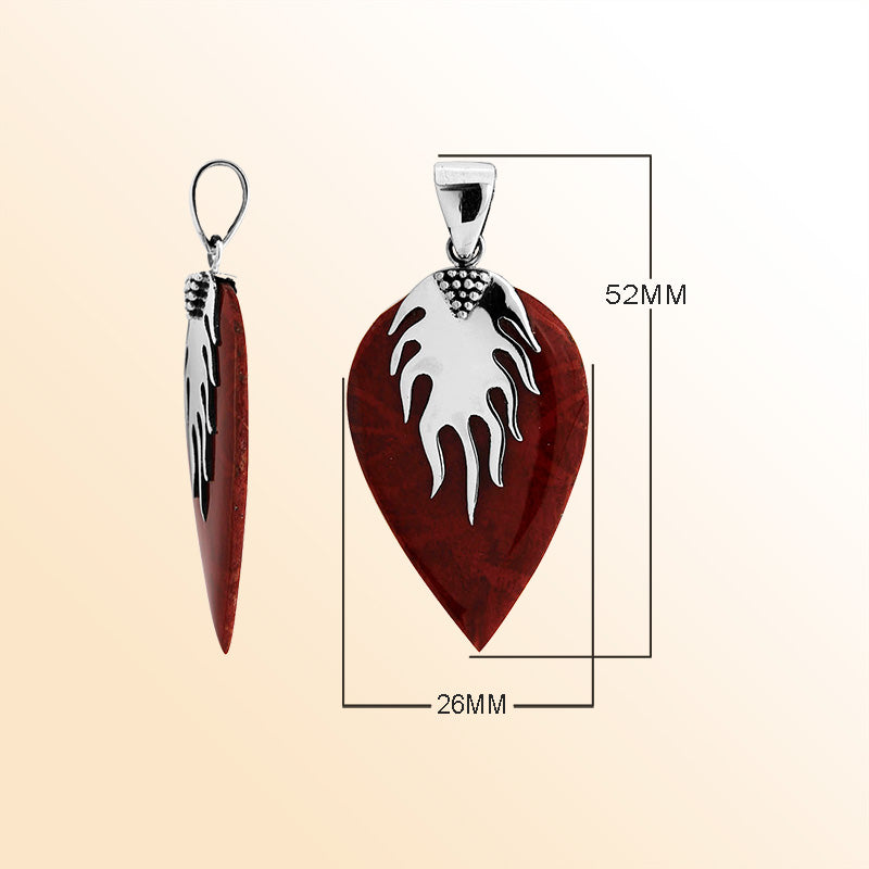 Handcrafted Sterling Silver Red Coral Leaf Flame Artistic Heritage Elegance Pendant.