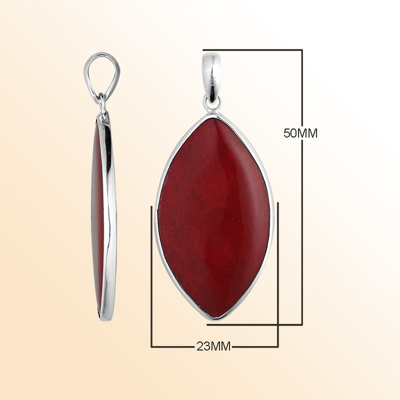 Handcrafted Sterling Silver Red Coral Marquise Heritage Elegance Pendant.