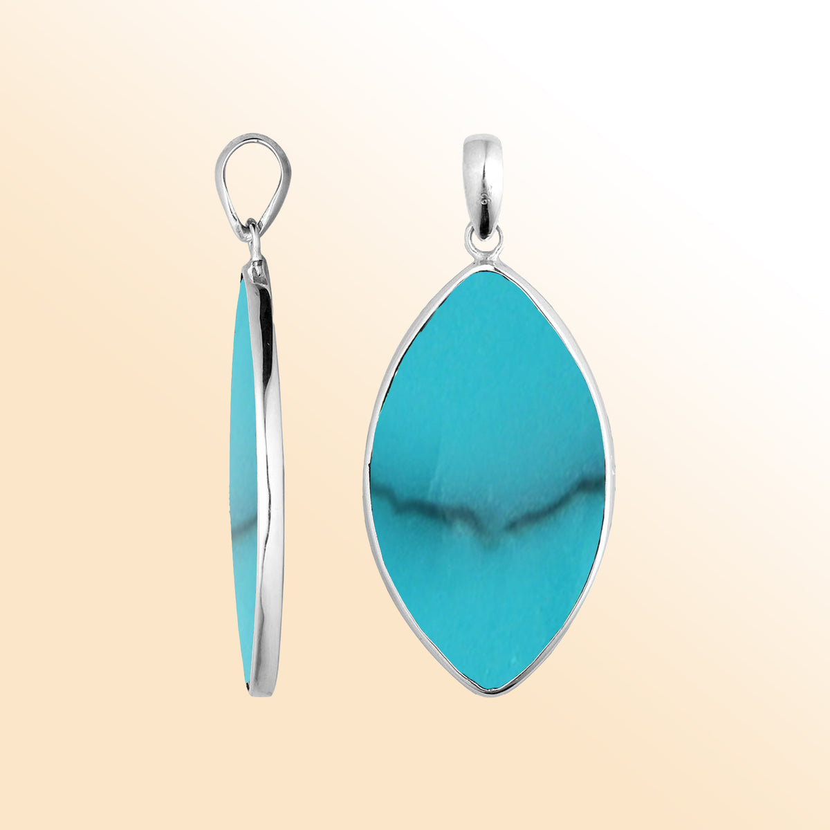 Handcrafted Sterling Silver Turquoise Shell Marquise Pendant From Bali With Polished Finish