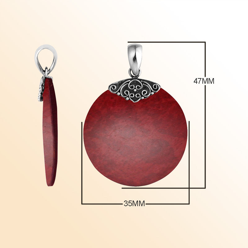 Handcrafted Sterling Silver Red Coral Round Eternal Grace Pendant.