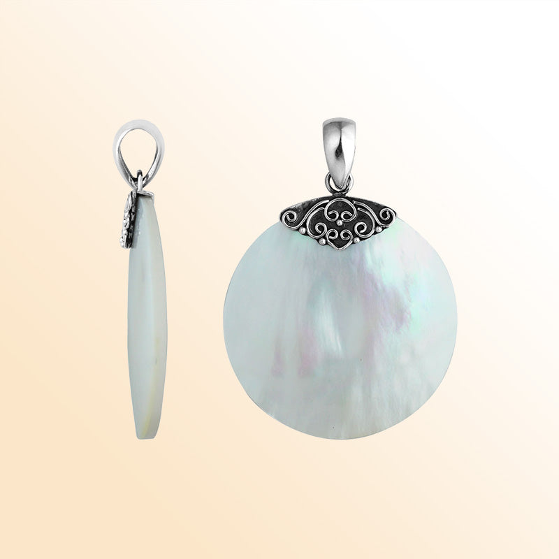 Handcrafted Sterling Silver Mother Of Pearl Round Ocean Bloom Pendant.