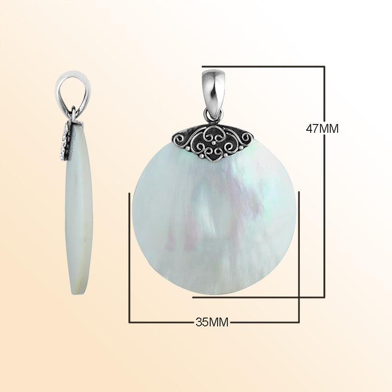 Handcrafted Sterling Silver Mother Of Pearl Round Ocean Bloom Pendant.