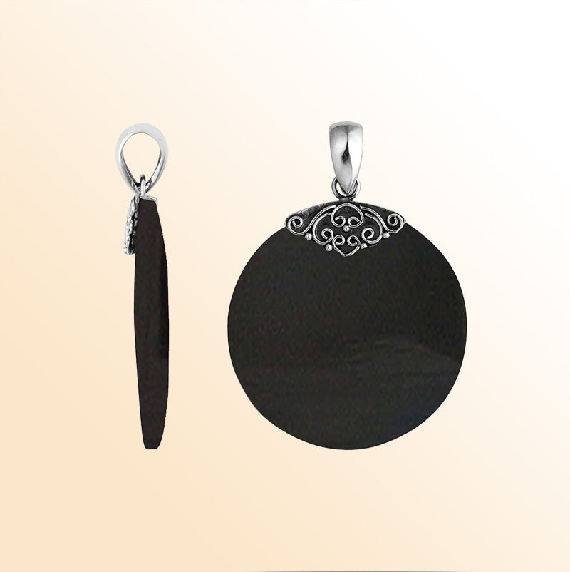 Handcrafted Sterling Silver Black Shell Round Midnight Elegance Pendant.