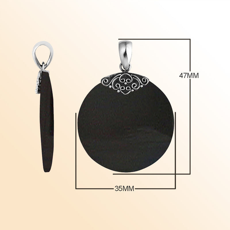 Handcrafted Sterling Silver Black Shell Round Midnight Elegance Pendant.