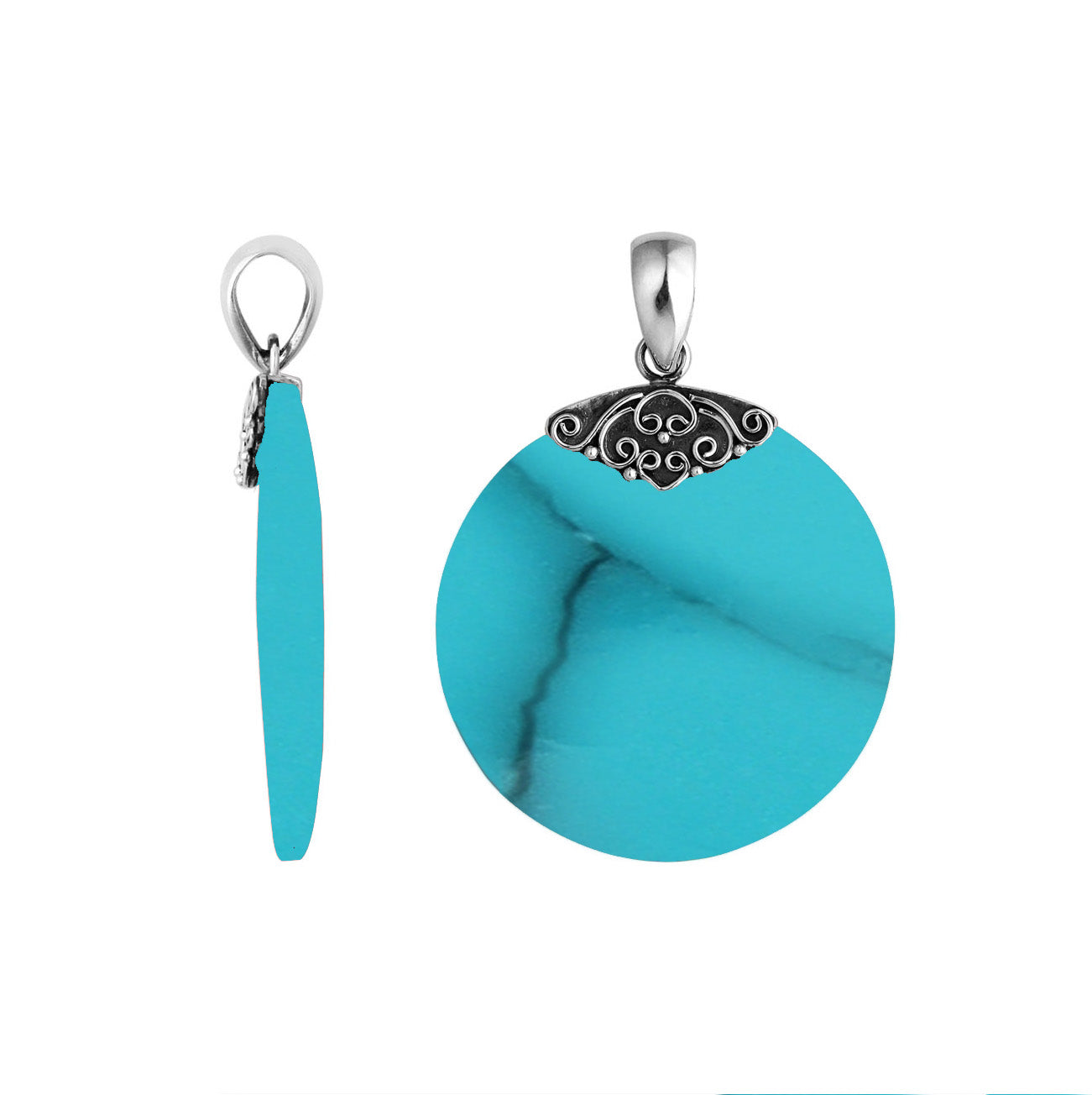 Handcrafted Sterling Silver Turquoise Shell Round Ocean Dream Pendant.