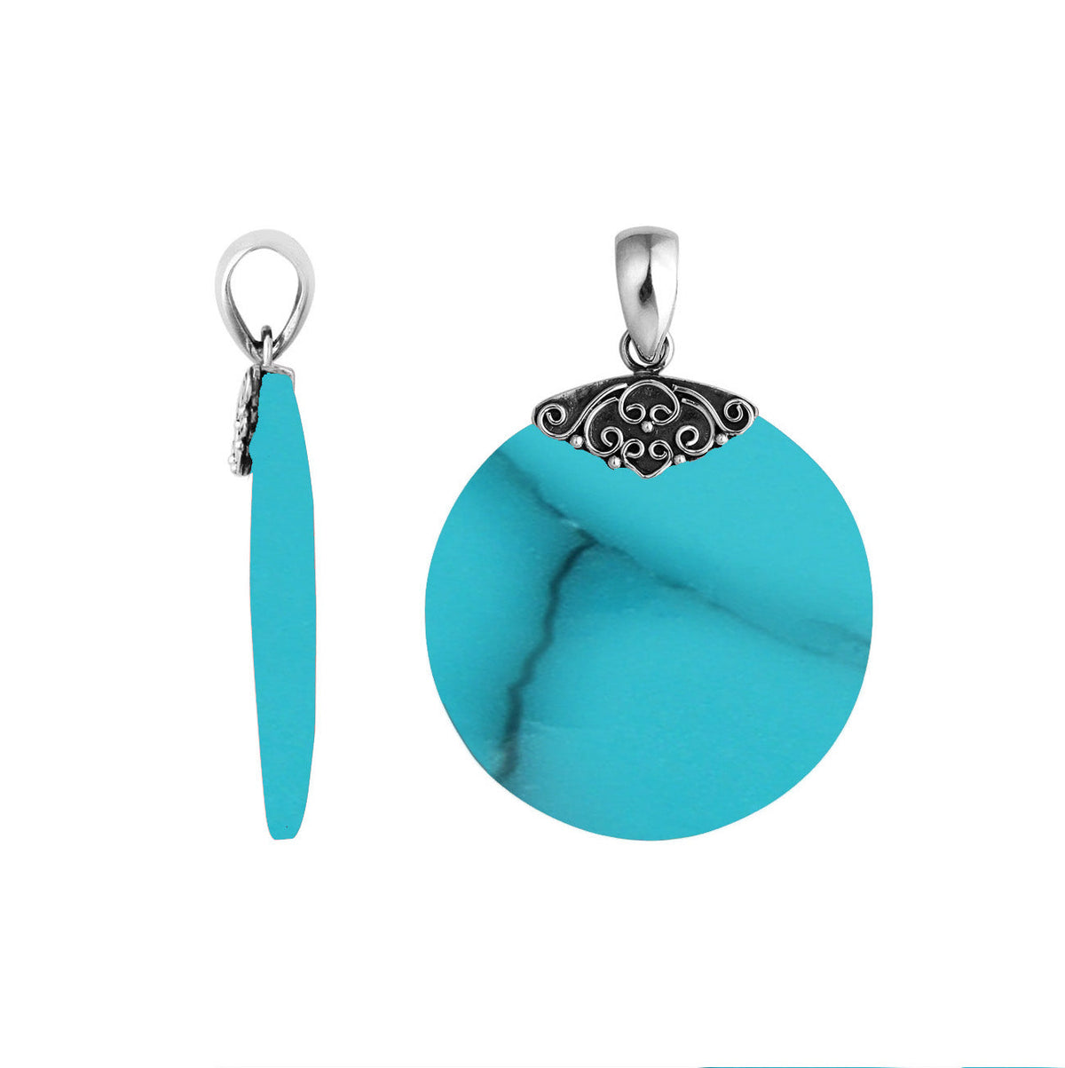 Handcrafted Sterling Silver Turquoise Shell Round Ocean Dream Pendant.