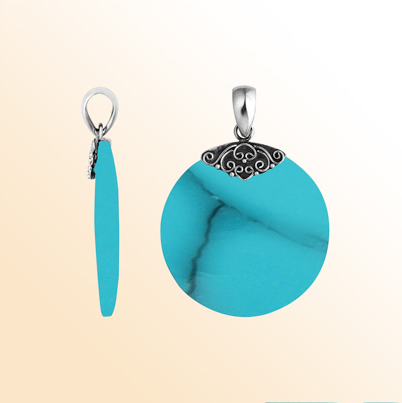 Handcrafted Sterling Silver Turquoise Shell Round Ocean Dream Pendant.
