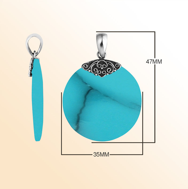 Handcrafted Sterling Silver Turquoise Shell Round Ocean Dream Pendant.