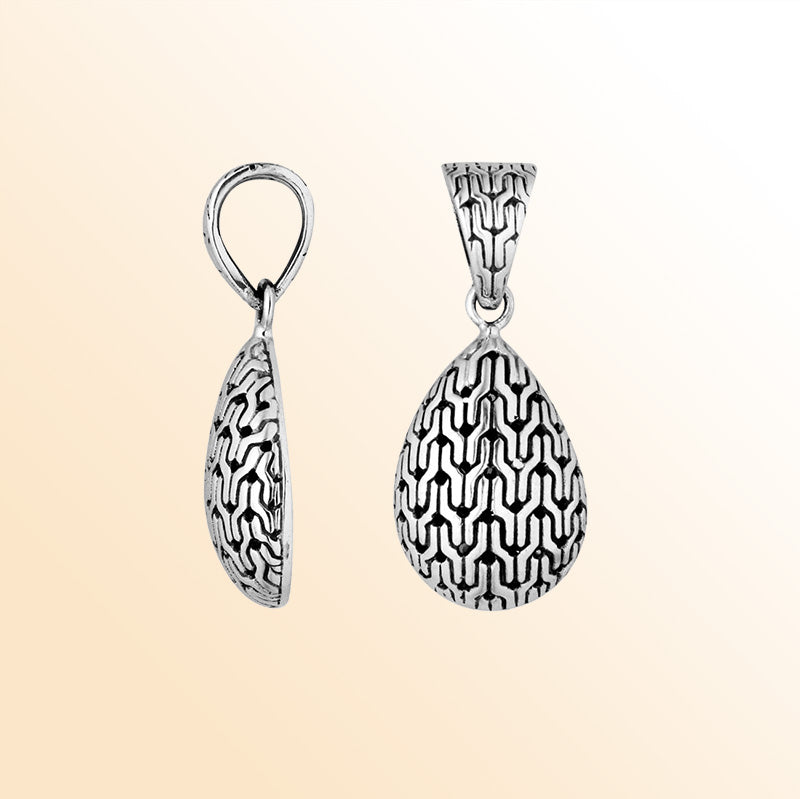 Handcrafted Sterling Silver Teardrop Artisan Pattern Pendant From Bali.