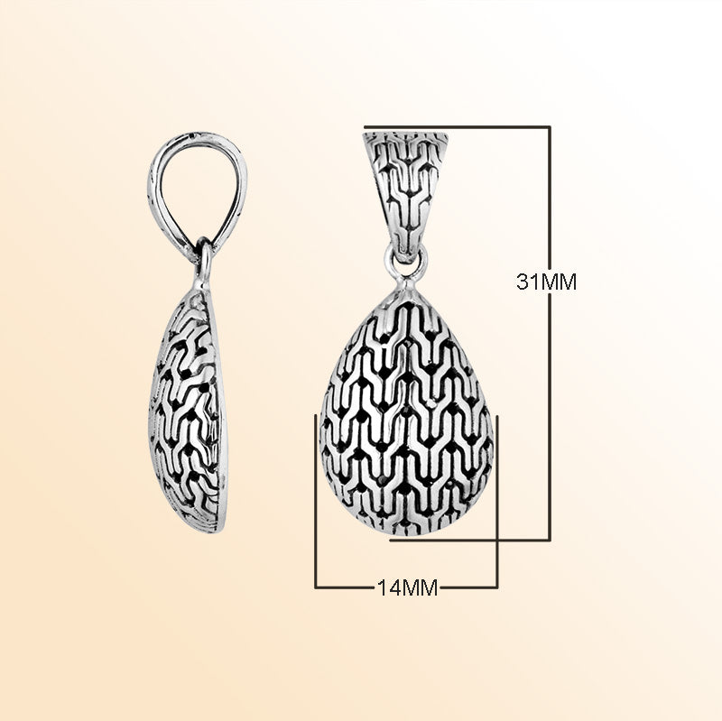 Handcrafted Sterling Silver Teardrop Artisan Pattern Pendant From Bali.