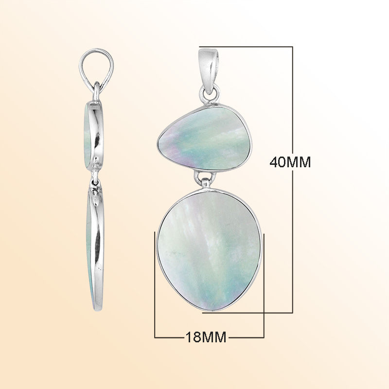 Handcrafted sterling silver pendant featuring Mother Of Pearl stones in triangular and oval shapes, smooth polished surface, and refined Balinese artistry.
