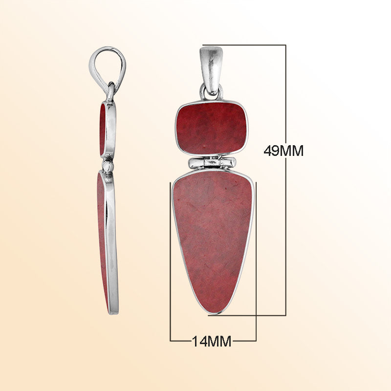 Sterling Silver Red Coral Geometric Dual Design Pendant With Elegant Finish.