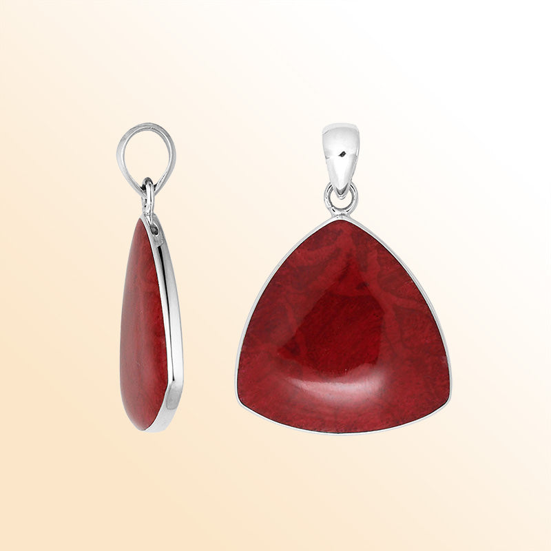 Sterling Silver Red Coral Triangular Pendant With Fiery Elegance And Balinese Charm.