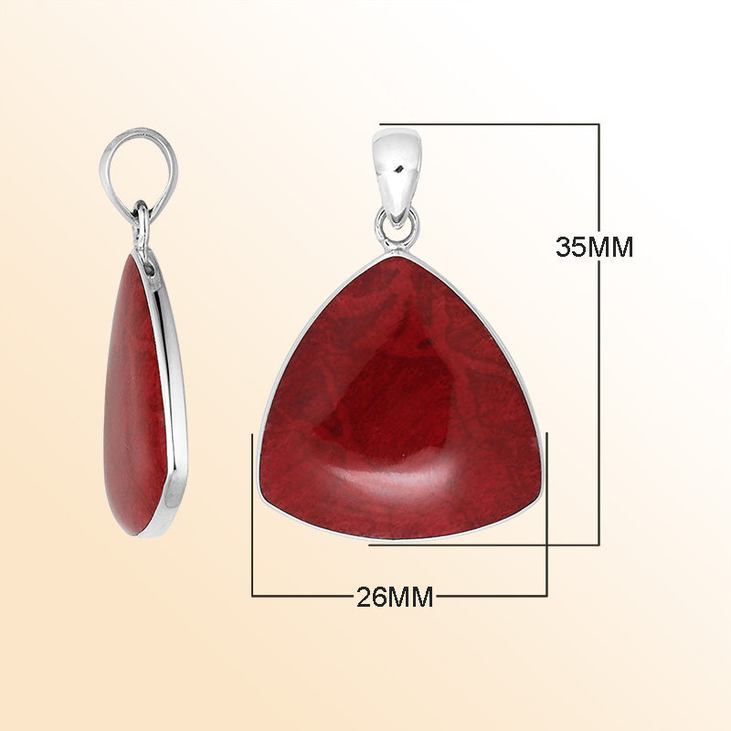 Sterling Silver Red Coral Triangular Pendant With Fiery Elegance And Balinese Charm.