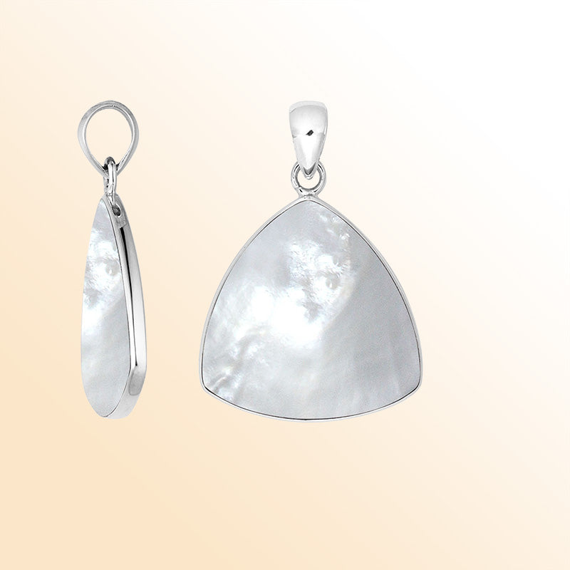 Sterling Silver Mother Of Pearl Triangular Pendant With Iridescent Lustre And Balinese Grace.