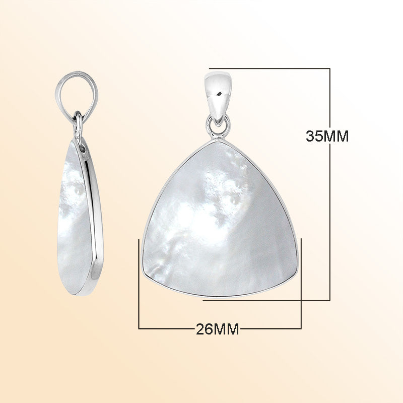 Sterling Silver Mother Of Pearl Triangular Pendant With Iridescent Lustre And Balinese Grace.