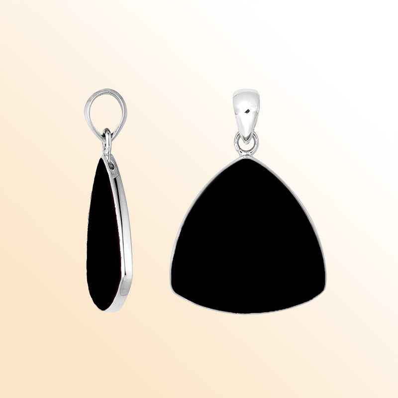 Sterling Silver Black Shell Triangular Pendant With Midnight Lustre And Balinese Elegance.