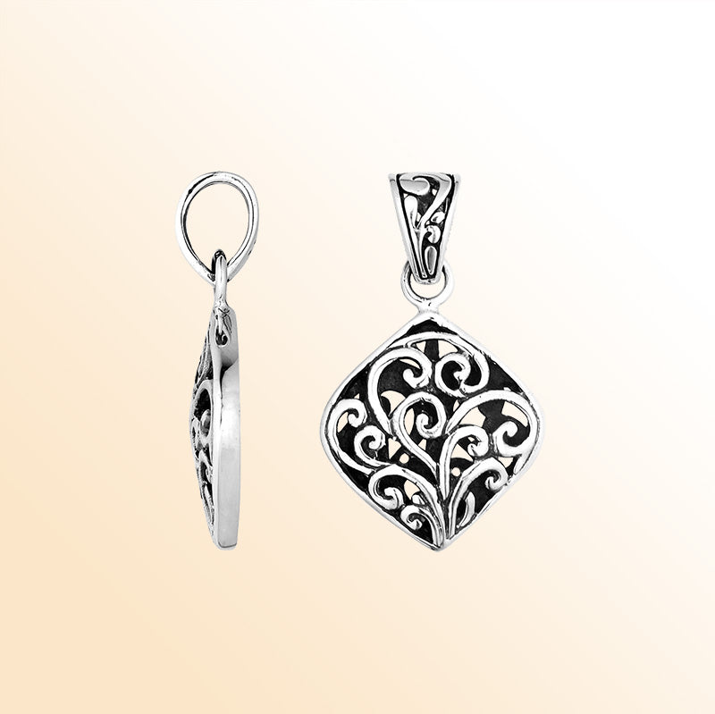 Handcrafted Sterling Silver Filigree Diamond Pendant From Bali.