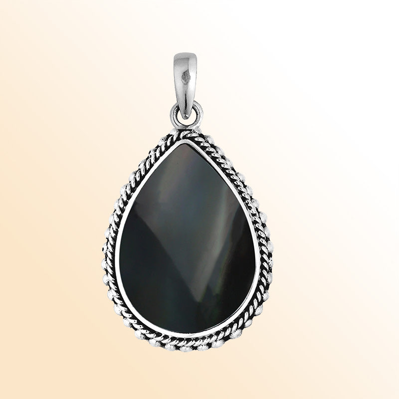 Handcrafted Sterling Silver Black Shell Teardrop Pendant From Bali.
