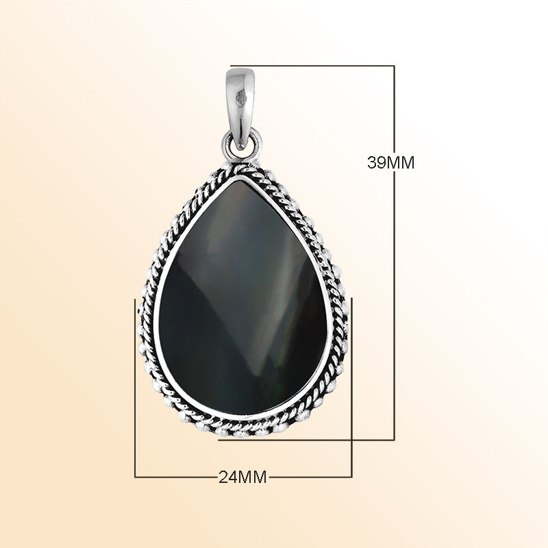 Handcrafted Sterling Silver Black Shell Teardrop Pendant From Bali.