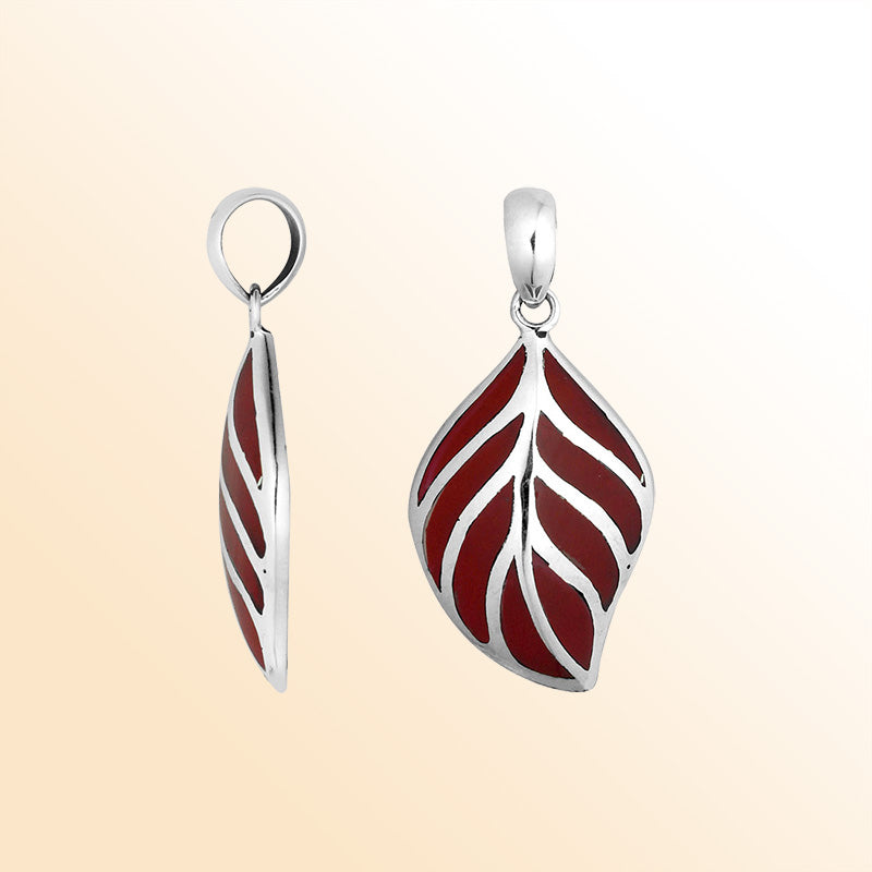 Handcrafted Sterling Silver Red Coral Leaf Pendant From Bali.