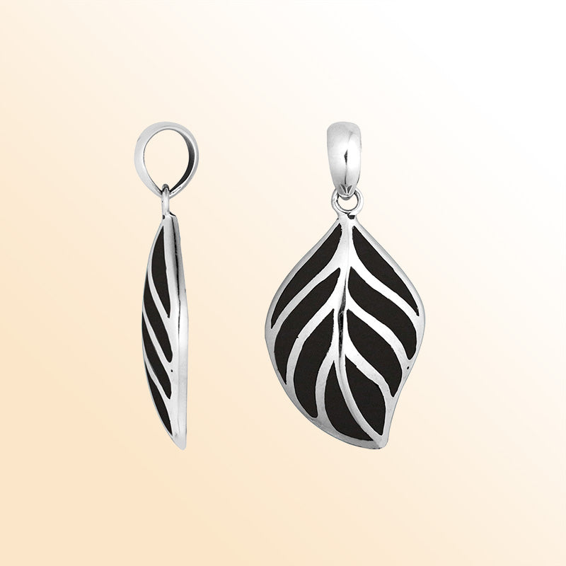 Handcrafted Sterling Silver Black Shell Leaf Pendant From Bali.