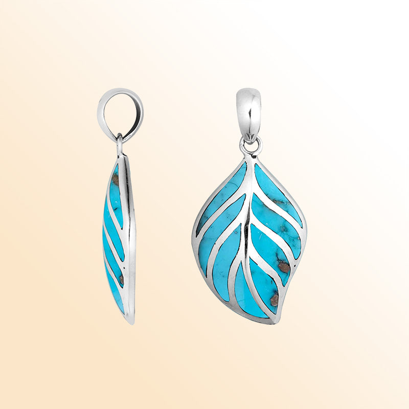 Handcrafted Sterling Silver Turquoise Shell Leaf Pendant With Silver Vein Accents.