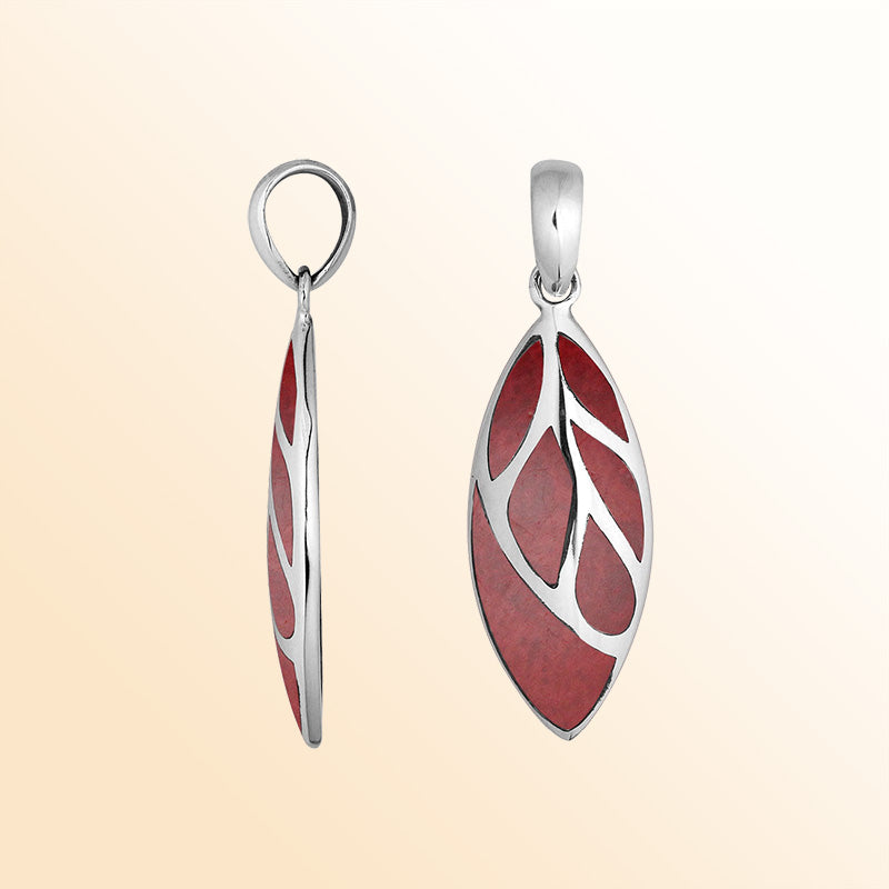 Handcrafted Sterling Silver Red Coral Leaf Pendant With Silver Vein Accents.