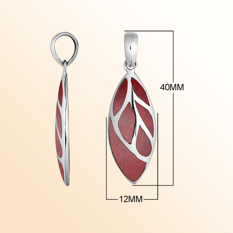 Handcrafted Sterling Silver Red Coral Leaf Pendant With Silver Vein Accents.