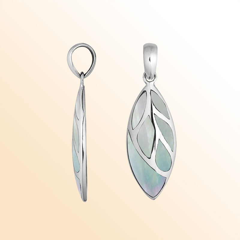 Handcrafted Sterling Silver Mother Of Pearl Leaf Pendant With Silver Vein Accents.