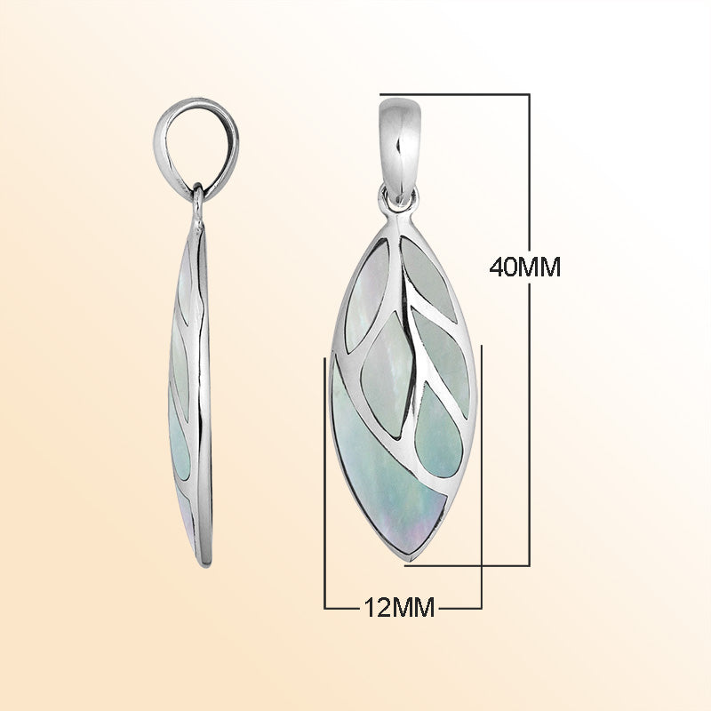Handcrafted Sterling Silver Mother Of Pearl Leaf Pendant With Silver Vein Accents.