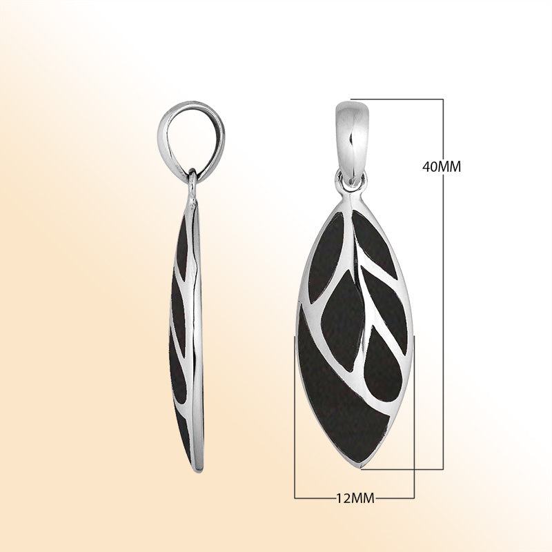 Handcrafted Sterling Silver Black Shell Leaf Pendant With Silver Vein Accents.