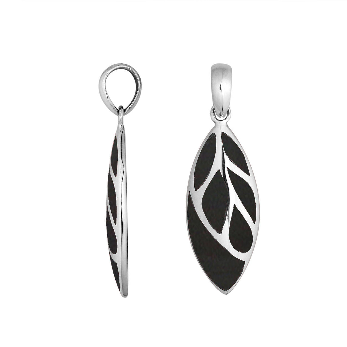 AP-6253-SHB Sterling Silver Marquise Shape Pendant With Black Shell