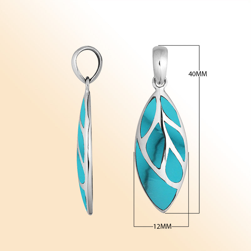 Handcrafted Sterling Silver Turquoise Shell Leaf Pendant With Silver Vein Accents.