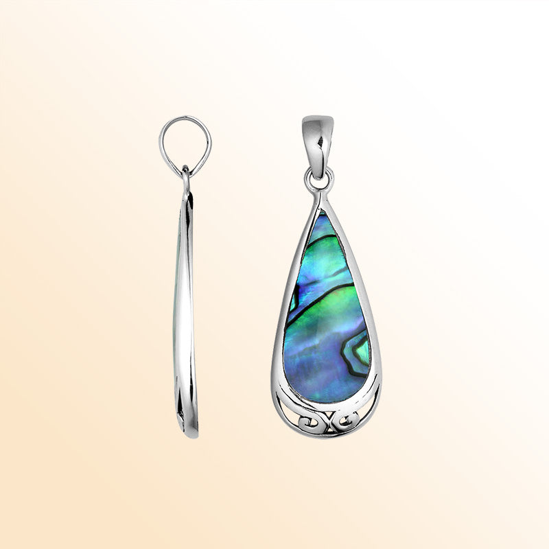 Handcrafted Sterling Silver Abalone Shell Teardrop Pendant With Polished Silver Border.