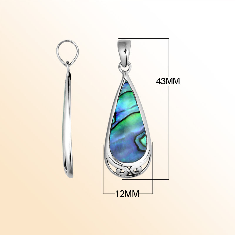Handcrafted Sterling Silver Abalone Shell Teardrop Pendant With Polished Silver Border.