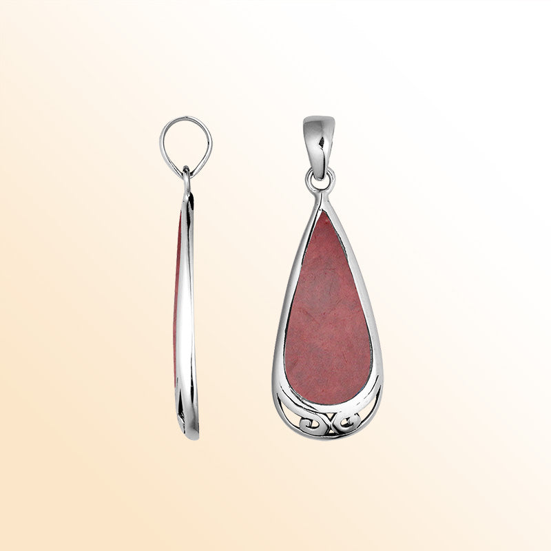 Handcrafted Sterling Silver Red Coral Teardrop Pendant With Polished Silver Border.