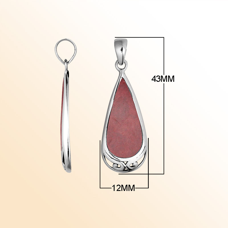 Handcrafted Sterling Silver Red Coral Teardrop Pendant With Polished Silver Border.
