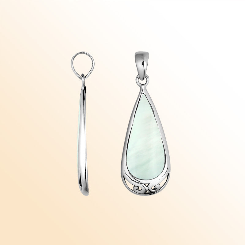 Handcrafted Sterling Silver Mother Of Pearl Teardrop Pendant With Polished Silver Border.