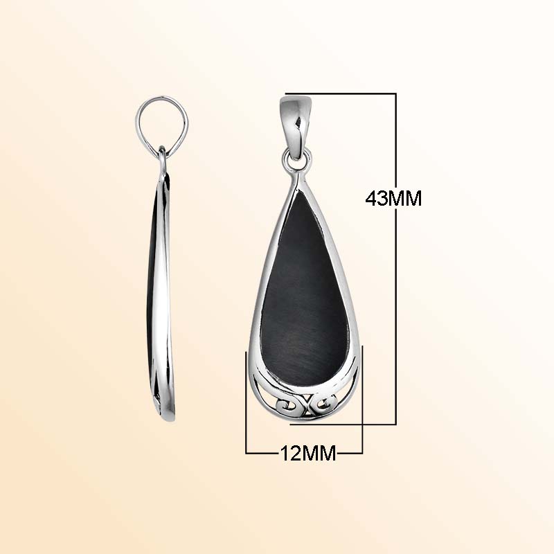 Midnight-inspired Black Shell teardrop pendant in sterling silver with elegant handcrafted scroll accents