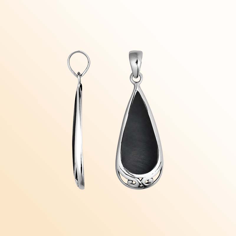 Midnight-inspired Black Shell teardrop pendant in sterling silver with elegant handcrafted scroll accents