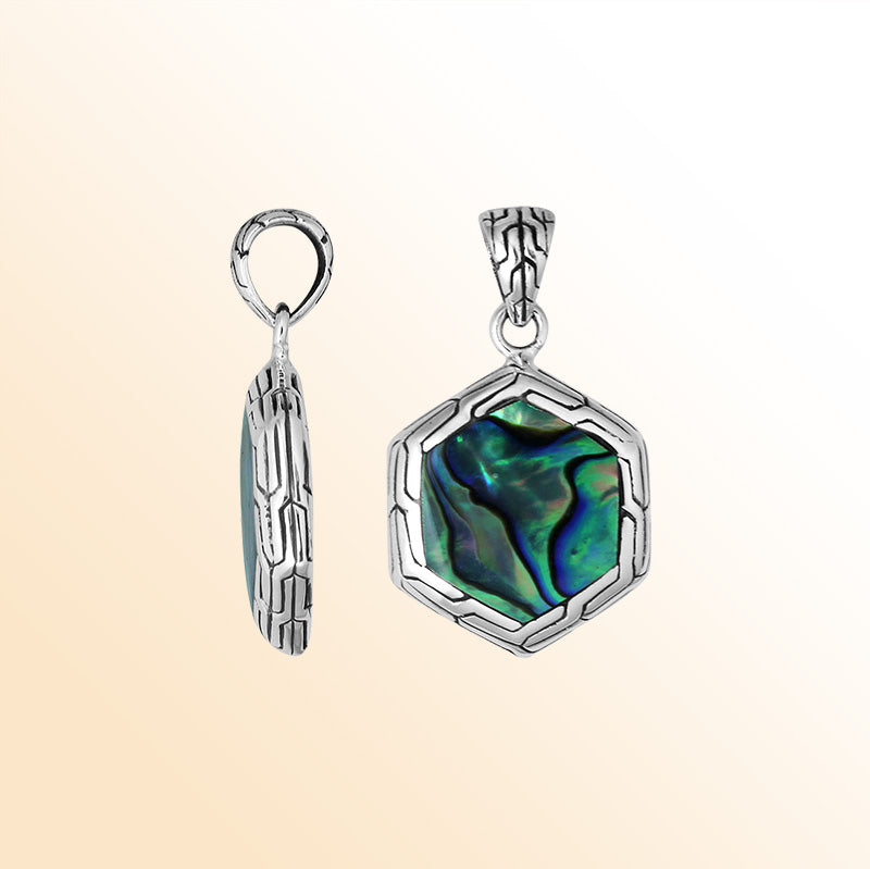 Handcrafted Sterling Silver Abalone Shell Hexagon Pendant With Polished Silver Frame.