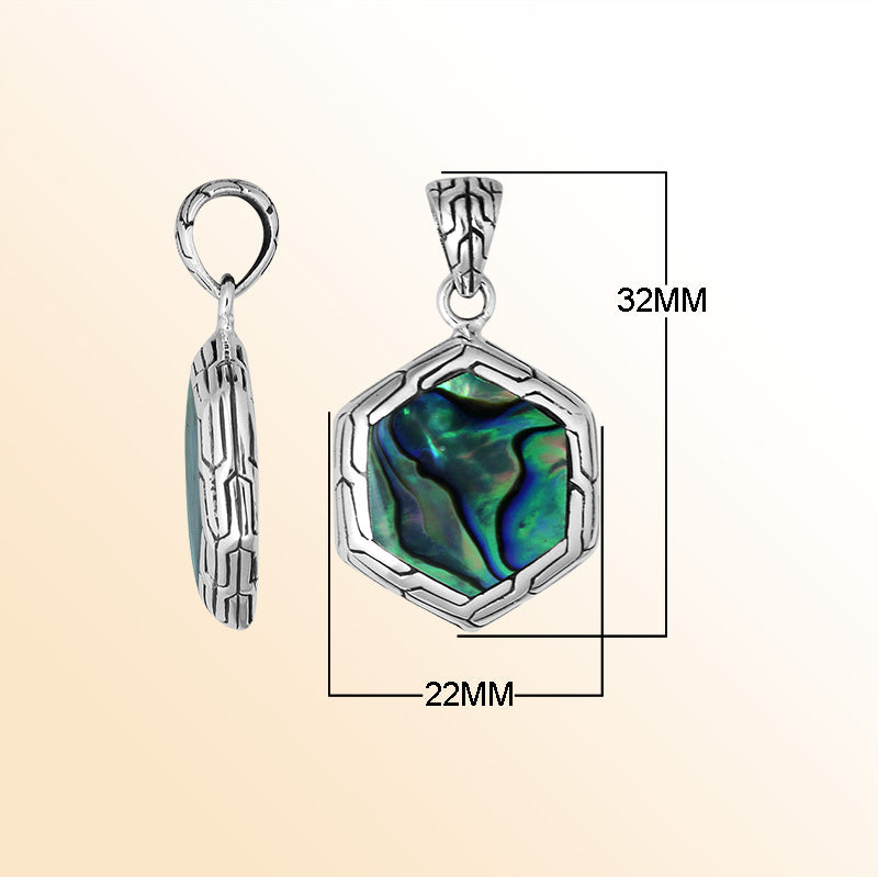 Handcrafted Sterling Silver Abalone Shell Hexagon Pendant With Polished Silver Frame.