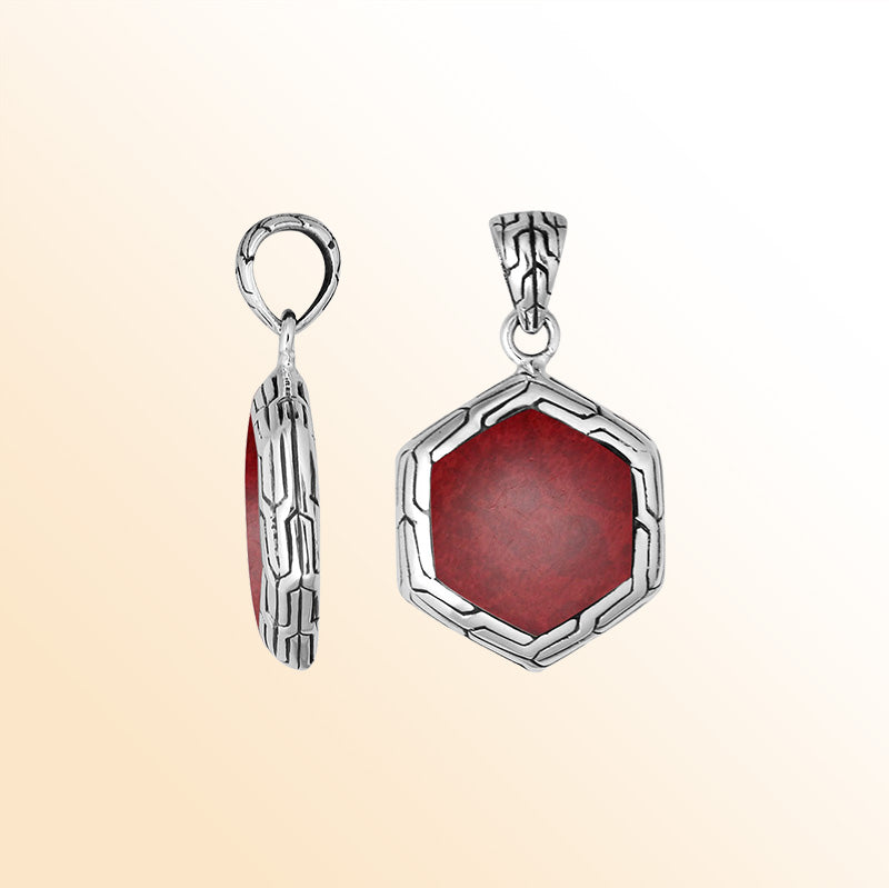 Handcrafted Sterling Silver Red Coral Hexagon Pendant With Polished Silver Frame.